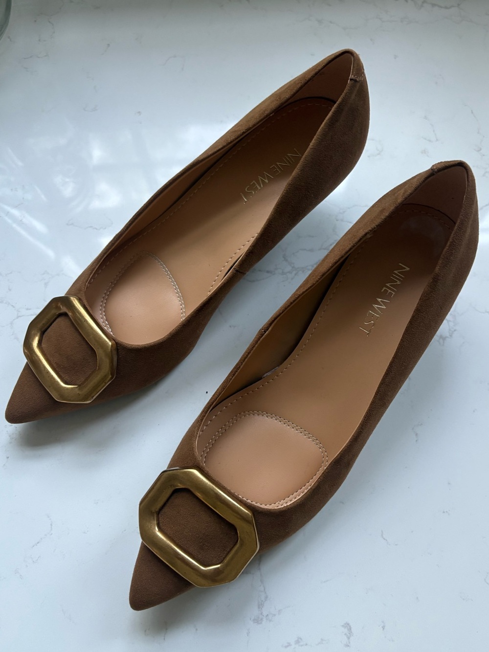 Nine West Suede Pointed-Toe Kitten Brown Heel Pumps with Gold Buckle - Picture 3 of 5